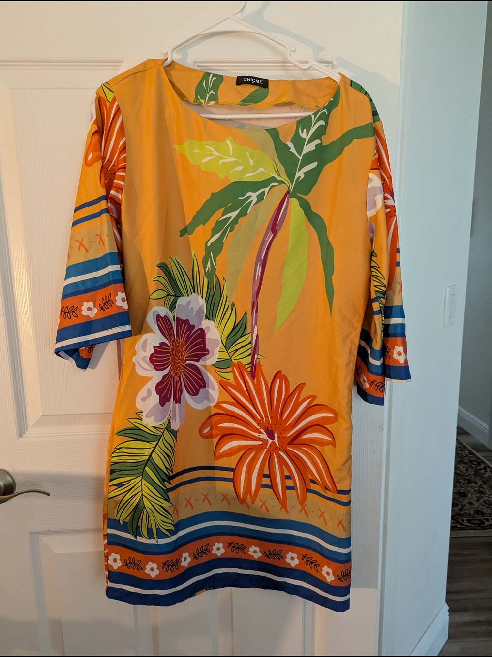 CHICME Orange Tropical Print Shift Dress